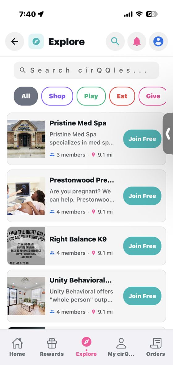 cirQQles Explore screen listing nearby businesses with Join Free buttons