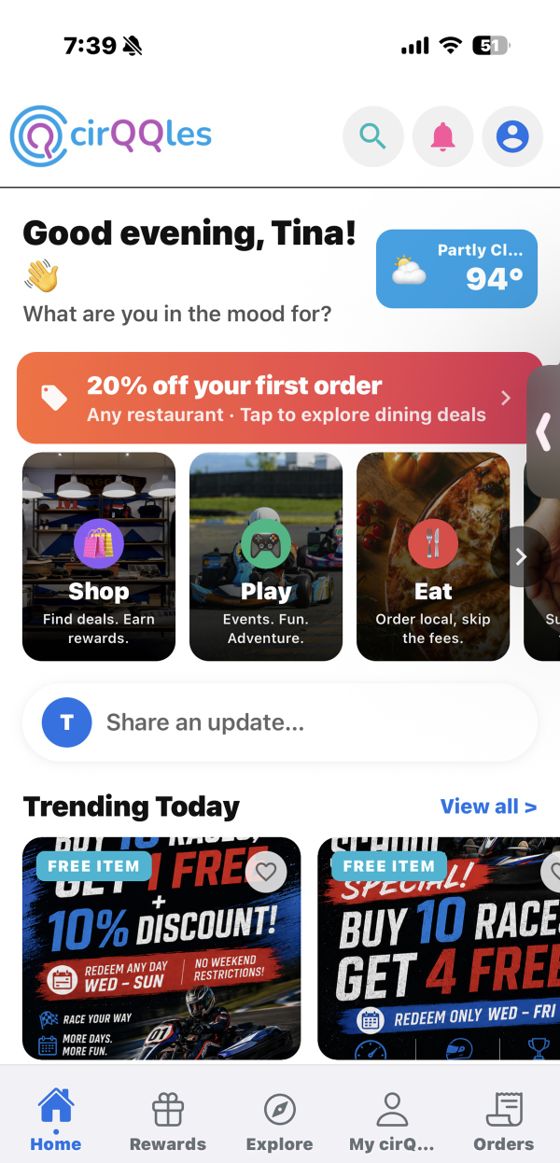 cirQQles home screen: a personal greeting, a first-order offer, and trending local deals