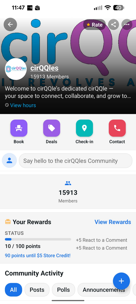 A cirQQles community page with Book, Deals, Check-in and Contact actions, the member count, rewards progress and community activity