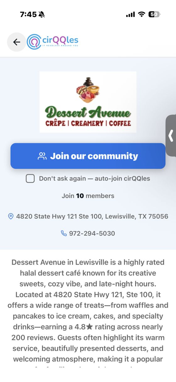 A business profile in cirQQles with a Join our community button