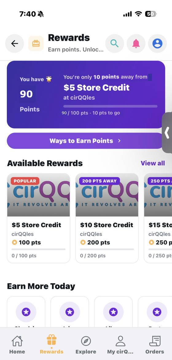 The cirQQles rewards screen showing a points balance and available store credits